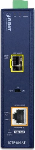 Planet Industrial Medienkonverter IGTP-815AT, 1x 1000/100/10 Mbit/s (RJ45) mit PoE 802.3at, 1x SFP Slot 1000/100 Mbit/s, für Hutschienenmont
