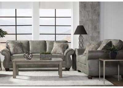 Roundhill Furniture Leinster Faux Leather Upholstered Nailhead Sofa and Loveseat Set in Stone Gray