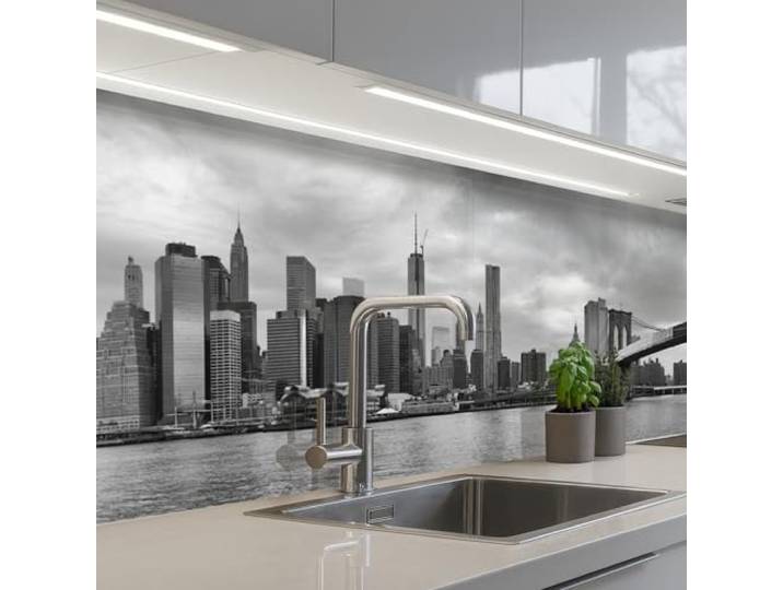 KitchenYeah© Küchenrückwand Selbstklebend Küchenspritzschutz Rückwand 80x300 cm - Wandschutz Ohne Bohren Spritzschutz Wand Wandverkleidung Skyline - Brücke - Gebäude - Farblos