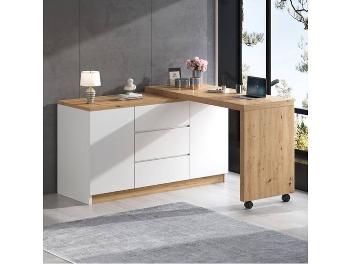 HOMVRA Bureau secrétaire pivotant et pliable 120x50x76 5 cm 2 portes 3 tiroirs blanc et chêne