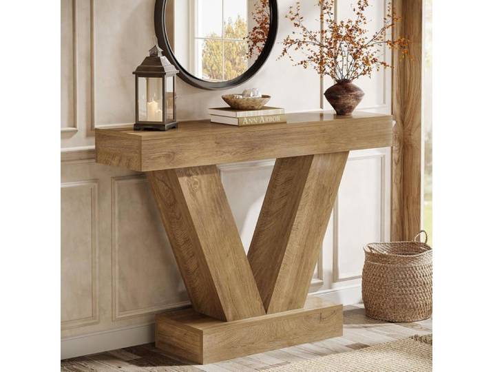 Finmind Table Console 105×30×80 cm Table Basse avec Pieds en V Idéale Pour Couloir Salon Hall d'Entrée Vestibule Marron