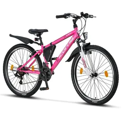 Licorne Bike Guide Premium Mountainbike in 20, 24 und 26 Zoll - Fahrrad für Mädchen, Jungen, Herren und Damen - Shimano 21 Gang-Schaltung, Kinderfahrrad, Kinder Farbe:Rosa/Weiß;Zoll:26