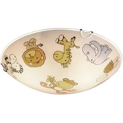 Kinderleuchte Deckenlampe Glas Kinderzimmerlampe rund, Glas bunt mit Tiermotiven, 2x E27, DxH 30x6,5 cm