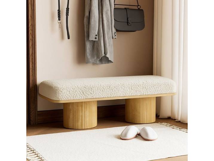 Banc Confort Crème Naturel 122x46x42.5cm Bois Massif Polaire Doux Entrée Chambre Déco Tendance
