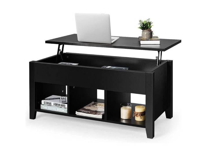 GOPLUS Table Basse Relevable 105x52x48CM-Plateau Relevable avec Espace Caché et 3 Bacs Ouvrables pour Salon/Bureau Noir