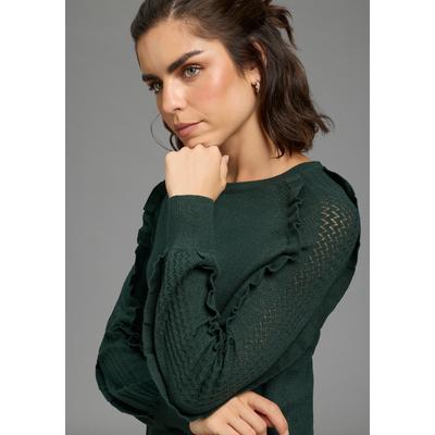 Strickpullover LAURA SCOTT "mit femininem Ajourstrickmuster", Damen, Gr. 48/50, grün, Strick, Obermaterial: 50% Viskose, 28% Polyester, 22% Polyamid, figurbetont hüftlang, Rundhals, Raglanärmel Rippbündchen, Pullover Strickpullover, mit...