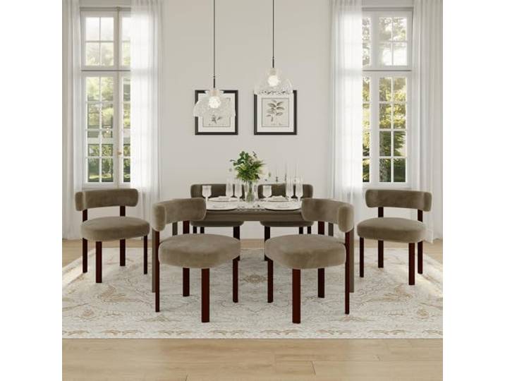 COLAMY Mid-Century Modern Design Sherpa Esszimmerstühle 6er Set, Vintage Landhaus-Stil Bouclé Küchenstühle mit offener geschwungener Rückenlehne für Esszimmer, Restaurant, Khaki