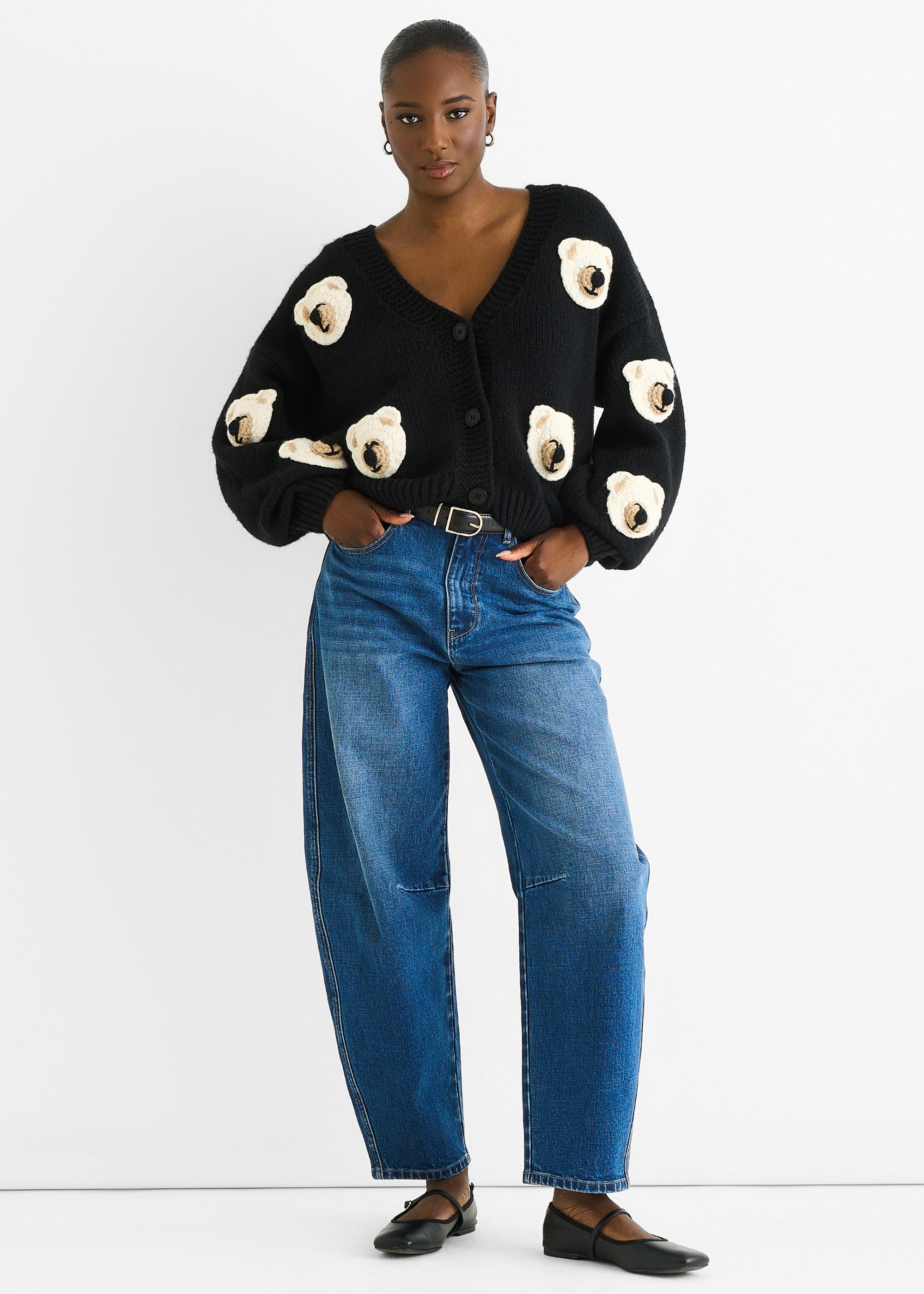 Schwarzer 3D-Kontrast Teddy Häkel-Cardigan