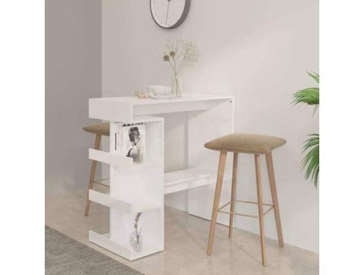HEFZGDB Bartisch mit Regal Hochglanz-Weiß 100x50x101,5 cm Stehtisch Küche Essbereich mit 3 Ablageflächen für Weinflaschen robuste Konstruktion langlebig stabil Fußstütze modernes
