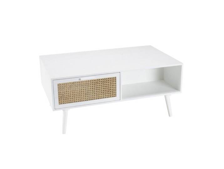 MACABANE SANDRO - Table basse blanche 2 tiroirs 1 niche cannage naturel SANDRO