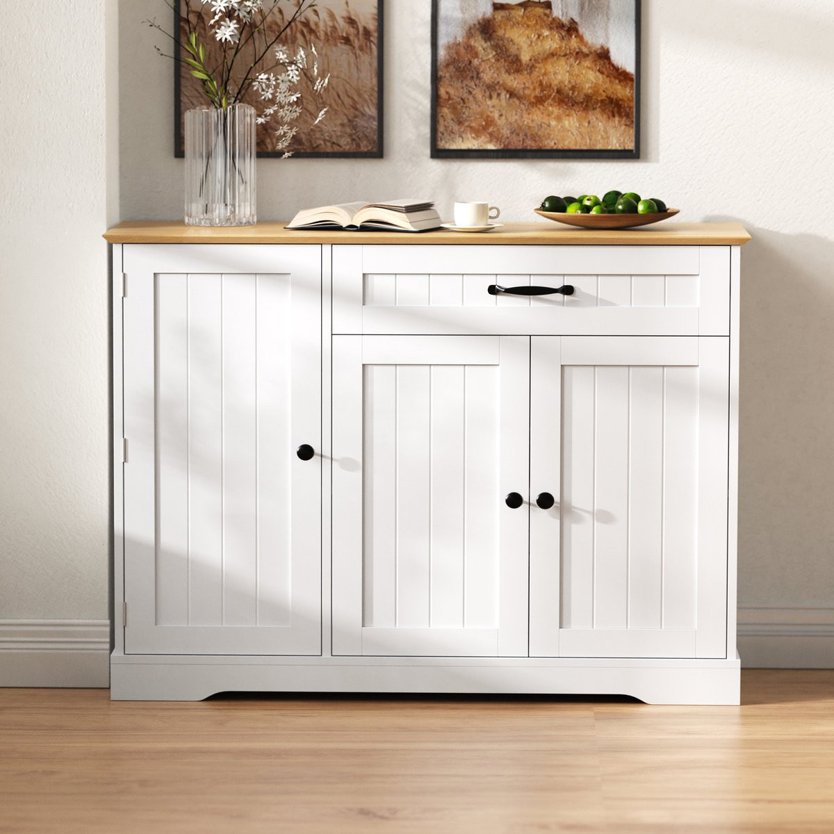 REDOM Sideboard met 3 deuren en 1 lade - Modern Scandinavisch design - Wit en naturel - MDF