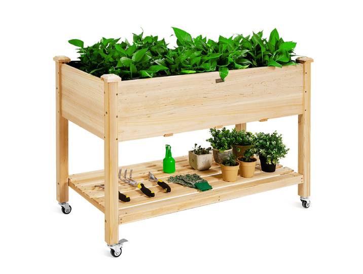 Verhoogd Bloembed met Opbergvak Verhoogd Tuinbed van Hout Plantenbak met Vergrendelbare Wielen en Afdekfolie Groentebed