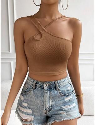 Daily Deals Depot Hollow Crop Top Bodycon Off Shoulder Sleeveless Club Tank For Women brown l
