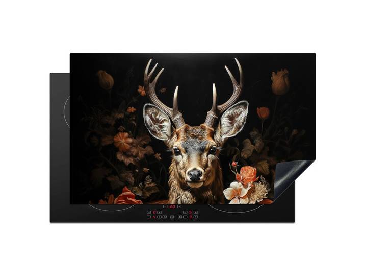 HERDABDECKPLATTE Hirsch - Tier - Blumen - Natur - Botanisch Ceranfeldabdeckung 85x52 cm