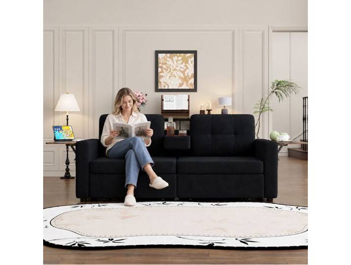 ROVRYN Canapé-lit convertible 2 places 178 cm en chenille noire avec 2 tiroirs et tablettes réglables