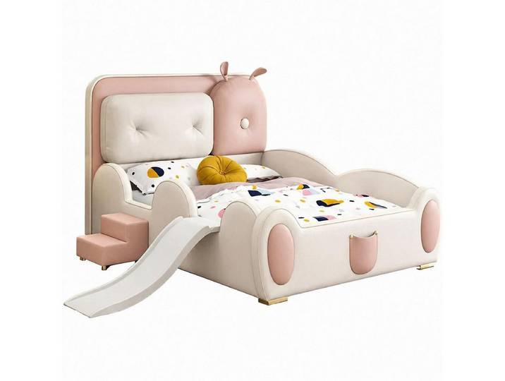 JVmoebel Kinderbett Beige-rosa Kinderbett mit Seitengittern Bett mit Rutsche und Treppe, Made in Europa
