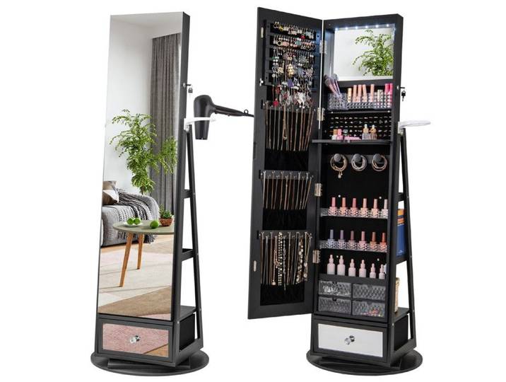 Miroir pleine longueur LED 360° armoire à bijoux verrouillable rangement maquillage et bijoux pour adulte