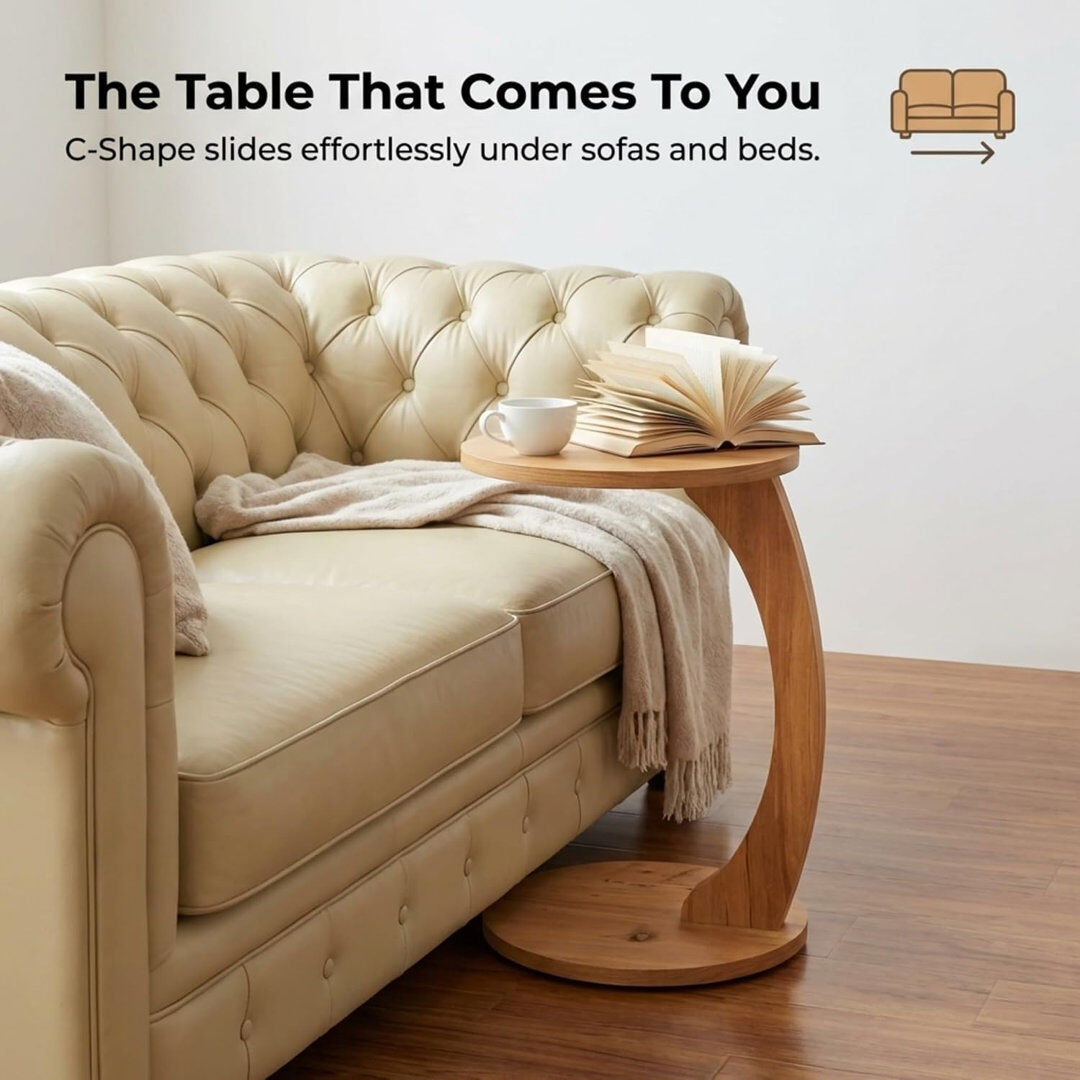 Latitude Run Adhem C-Shaped Round End Table with Rolling Wheels: A Movable, Space-Saving Side Table Perfect for Sofas, Living Rooms, Bedside Areas, and Optimizing Brown 56cm H X 34cm W X 34cm D