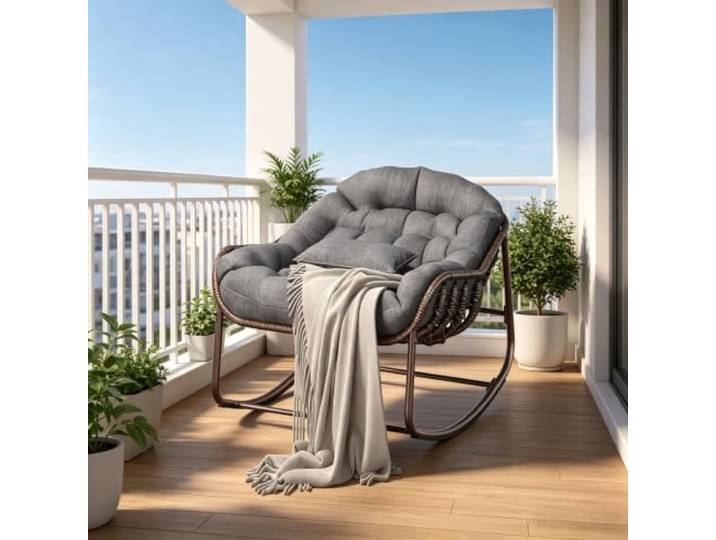 Rattan-Schaukelstuhl für Terrasse, großer Papasan-/Ei-Sessel mit gepolstertem Kissen, Dunkelgrau