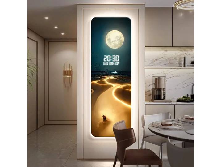 Décoration d'entrée, Horloge murale moderne à lumières peintes, Horloge de salon, Horloge électronique intelligente à affichage numérique de la lune
