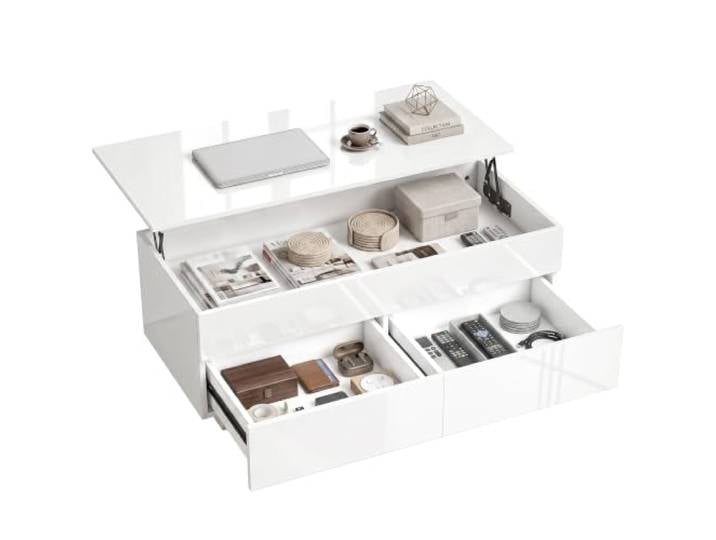HOMCOM Couchtisch Höhenverstellbar Wohnzimmertisch mit Hebeplatte Weiß Hochglanz, 2 Schublade, Verstecktem Stauraum, Kaffeetisch Sofatisch, für Wohnzimmer