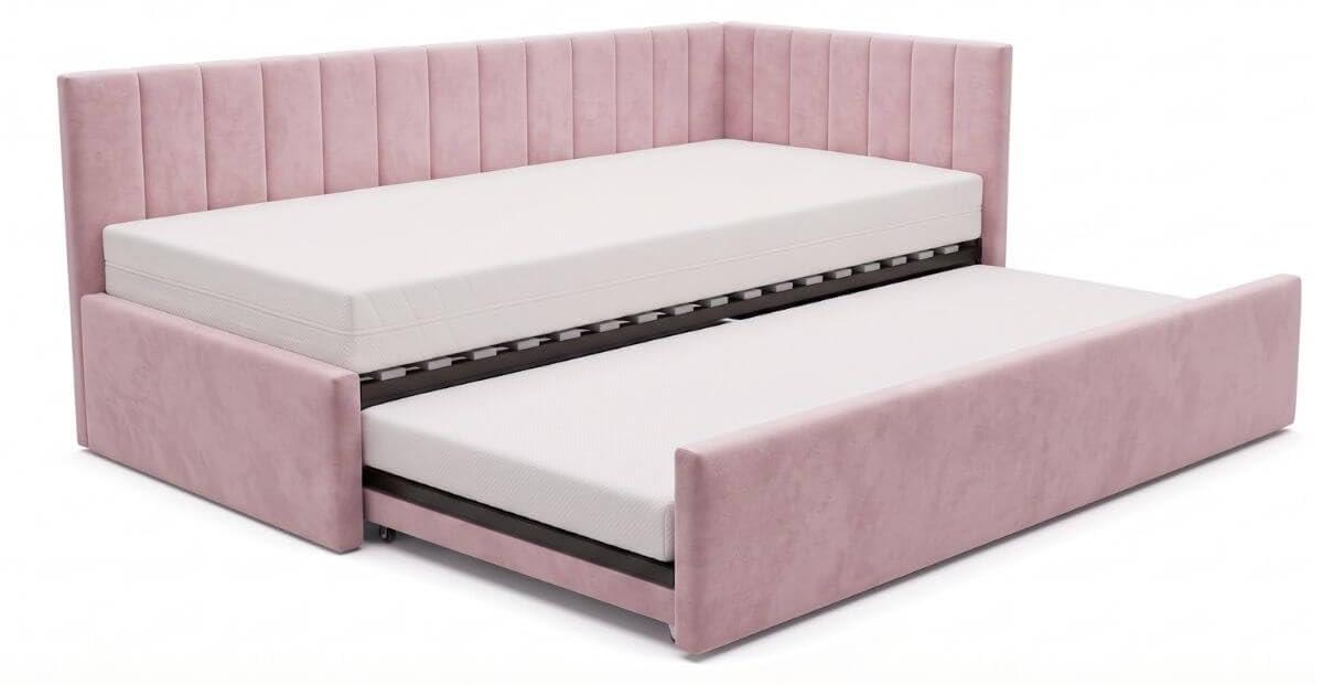 Kinderbett Alvin 01 90x200 - Jugendbett mit einer Schublade und zwei Liegeflächen - Einer Matratze T28-30 - Weich Trinity-Stoff - Rosa, Rechte