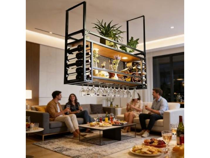 Weinregal zur Wandmontage, 2 Lagig Hängend Deckenregal Weinregal mit Glashalter, Industrielles Metall Hängender Schwimmender Weinflaschenregale, für Bars, Restaurants, Küchen, Café (schwarz, 140cm)