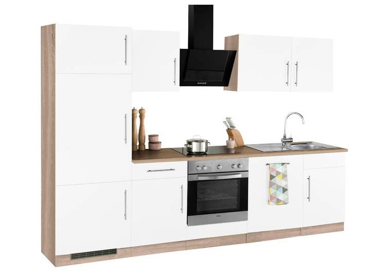 Küchenzeile, Holzwerkstoff, Weiß & Braun, 280×60 cm, Mit E-Geräten, Cali