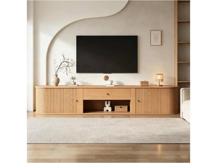 Meuble TV lowboard meuble TV avec design rond 2 portes à volets roulants et 1 tiroir pour télévision 75 pouces 180x40x40cm bois