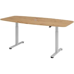 bümö elektrisch höhenverstellbarer Konferenztisch in Asteiche 220x103 cm, Gestell: Silber - Besprechungstisch rund-oval, großer elektrischer Meeting