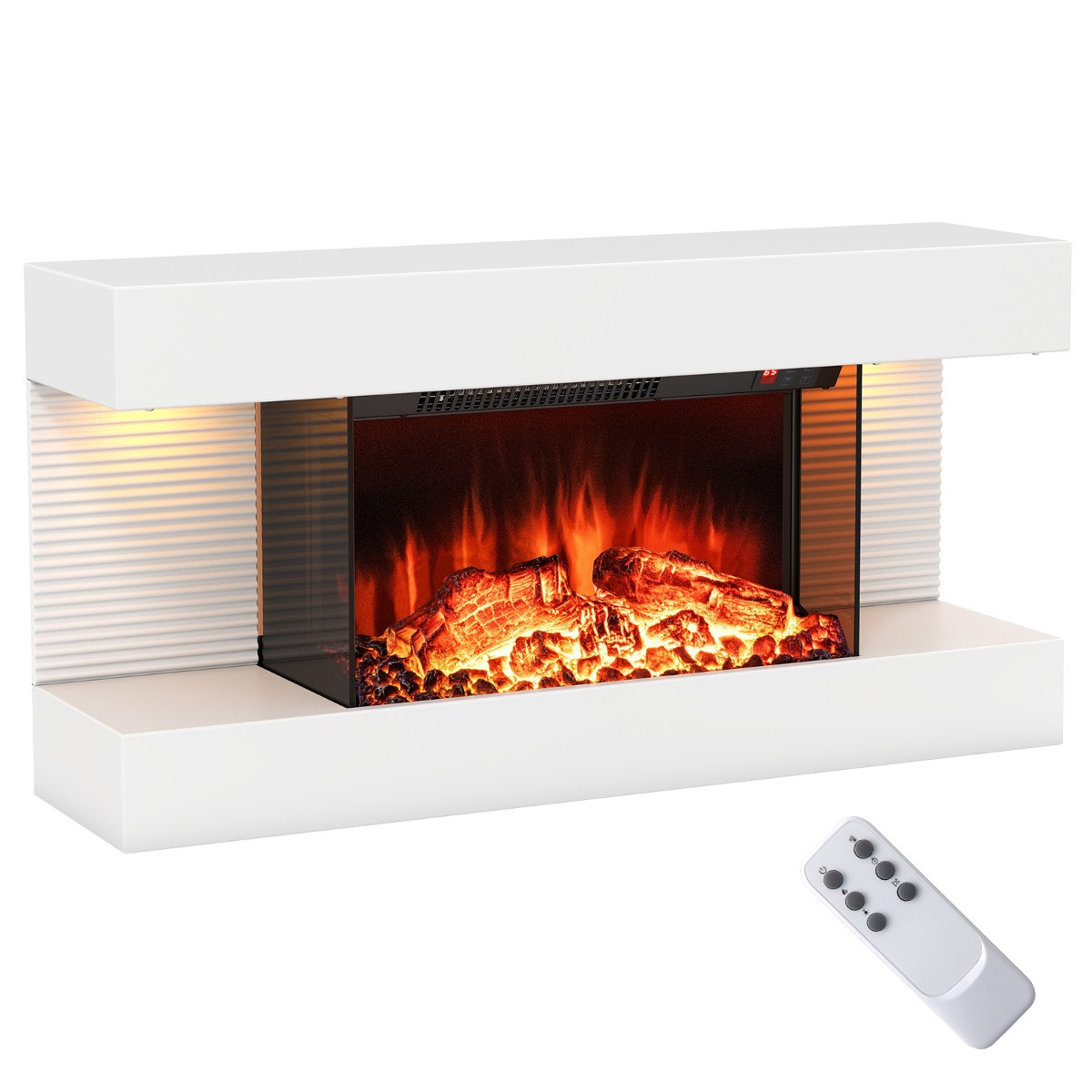Costway Elektrische Open Haard met Verwarming, LED-zijlichten en Afstandsbediening, Zwevend Wandhaard