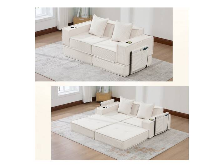 ANYSUN Schlafsofa Doppelsofa mit Schlaffunktion,Sofa Mit Bettfunktion,Schlafcouch, Stoffsofa mit zwei Kissen.mit seitlichem Stauraum und Getränkehaltern, Doppelschlafsofa geeignet für Wohn- Leseecken und Schlafzimmer