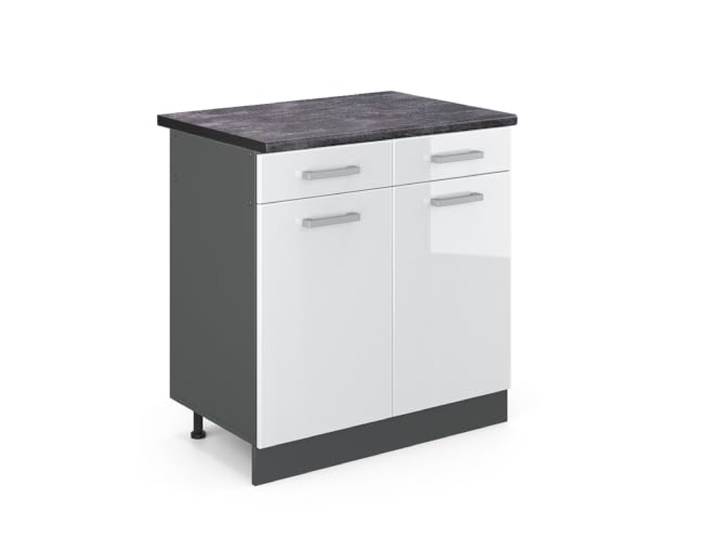 Vicco Küchenunterschrank R-Line, Weiß Hochglanz, 80 cm 2 Schubladen · Arbeitsplatte Anthrazit · Höhenverst. Füße · 2 Türen · Leichter Zugriff