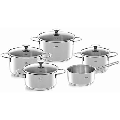 Topf-Set FISSLER "Copenhagen", silber (silberfarben), Töpfe, Töpfe mit Glasdeckel, Mess-Skala, Induktion, backofengeeignet