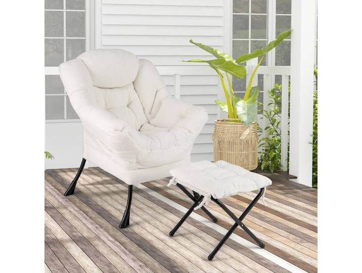 GIANTEX Fauteuil Relax avec Repose-Pied Pliable+ Oreiller+ Poche Latérale-Fauteuil Rembourré Moderne- pour Salon/Bureau- Beige