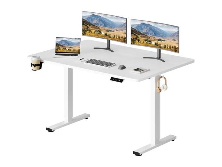 SANODESK Bureau Assis Debout Électrique 140x60cm Bureau Réglable en Hauteur avec Crochet et Fonction Mémoire Plateau Blanc