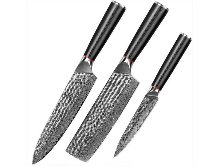 UniqueFire Messer-Set 3tlg.Damaststahl Küchenmesser Set Hammerschlagoberfläche Damastmesser (3-tlg)