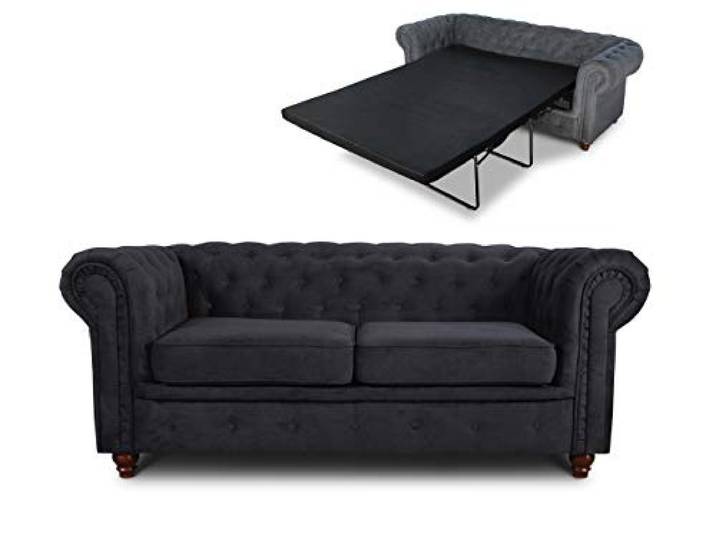 Sofnet - Schlafsofa Chesterfield Asti Bis 2-Sitzer (Schwarz, Capri 19) Bettsofa, Sofa mit Schlaffunktion, 2-Sitzer, Couch, Bettfunktion, Strukturstoff, Holzfüße, Chesterfield Stil