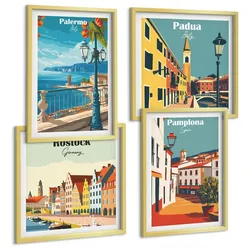 BILDER SET 4er Set - 50x50 cm & 40x60 cm Goldrahmen - Retro-Stadtillustrationen