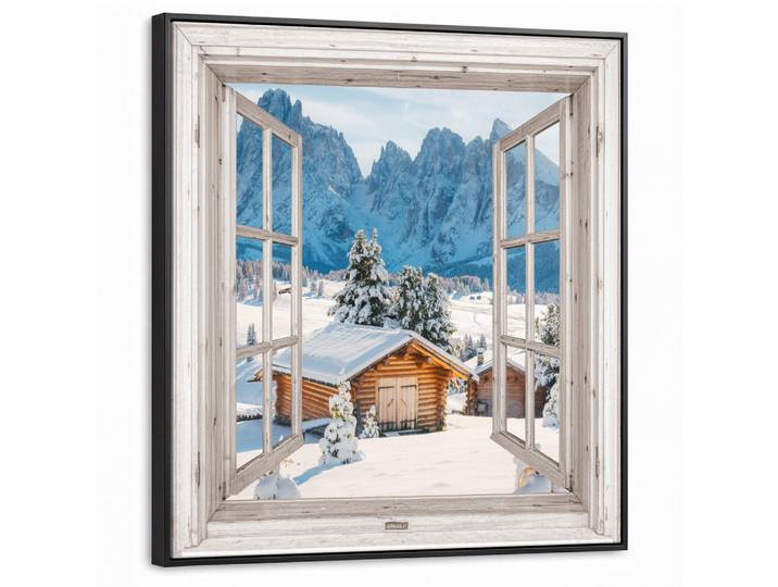 MuchoWow Leinwand Bilder mit Rahmen - Winterlandschaft - Hütte - Berge - Ausblicke - Aussicht - Natur - 90x90, Weiß Hochglanz, Quadratisch, 90x90 cm, gerahmt, Bilder & Rahmen, Bilder, Leinwandbilder