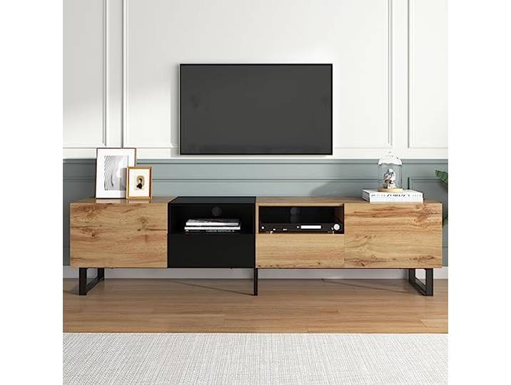 FammyLoft 190cm TV Lowboard mit 2 Türen und 2 Schubladen, TV Schrank mit Stauraum, Moderner Fernsehschrank mit 2 Offene Fächer, Fernseher Schrank für Wohnzimmer, Holz und Schwarz