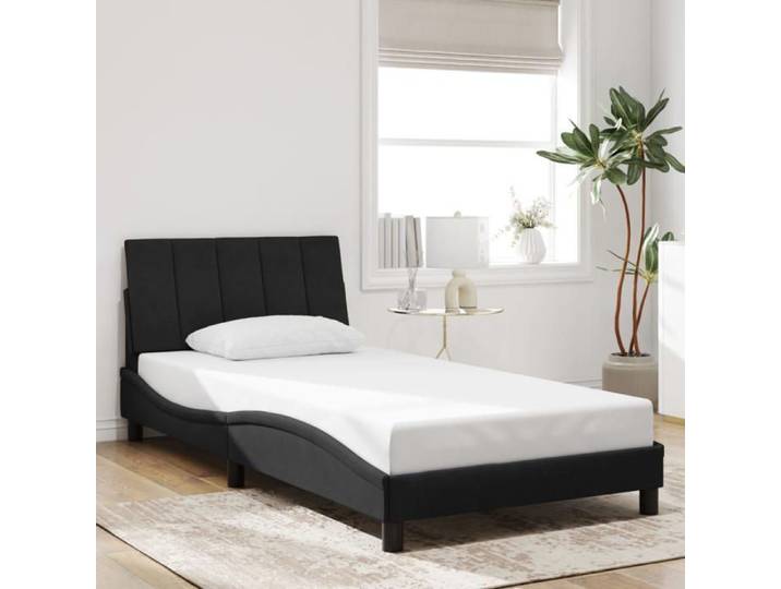Cadre de lit avec tête de lit - UU - Hanko - 100x200 cm - Velours - Noir - Coussin de tête de lit - Design ondulé