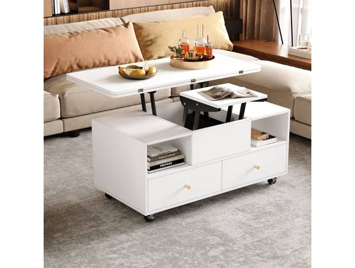 Table basse réglable pliante - 100x50x47 5 cm - Blanc - Système de levage hydraulique - 4 tiroirs