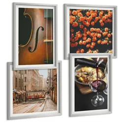 BILDER SET 4er Set - 50x50 cm & 40x60 cm Silberner Rahmen - Vintage Blumen Straße Wein Geige