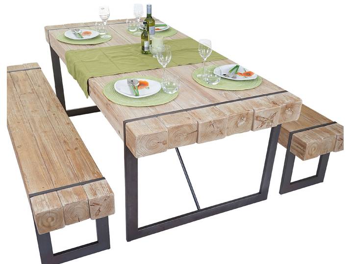 Esszimmergarnitur HWC-A15, Esstisch + 2x Sitzbank, Tanne Holz rustikal massiv MVG-zertifiziert Naturfarben 200cm