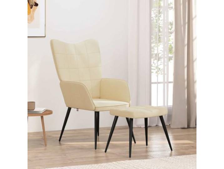 HEFZGDB Relaxsessel mit Hocker Creme Stoff Moderner Esszimmerstuhl mit Quadraten Design Weiche Polsterung Bequemer Stoffbezug Stahlrahmen Holzbeine Stabil Langlebig Sitzkomfort