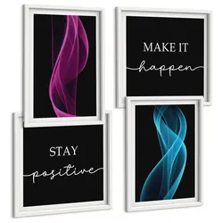 BILDER SET 4er Set - 50x50 cm & 40x60 cm Weißer Rahmen - Neonlinienwellen im Hintergrund