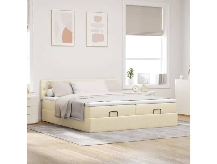 KTHLBRH Boxspringbett 180 x 200 cm Stoff creme mit Kopfteil 2 Taschenfederkernmatratzen, 2 Matratzenbezüge, hydraulischer Aufzug, Lattenrost