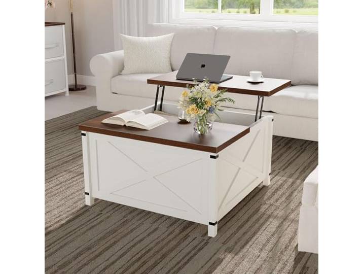 Garvee Hydraulischer Couchtisch mit Liftfunktion – versteckter Stauraum, Robustes Holz-Metall-Gestell, rustikaler Industrial-Stil