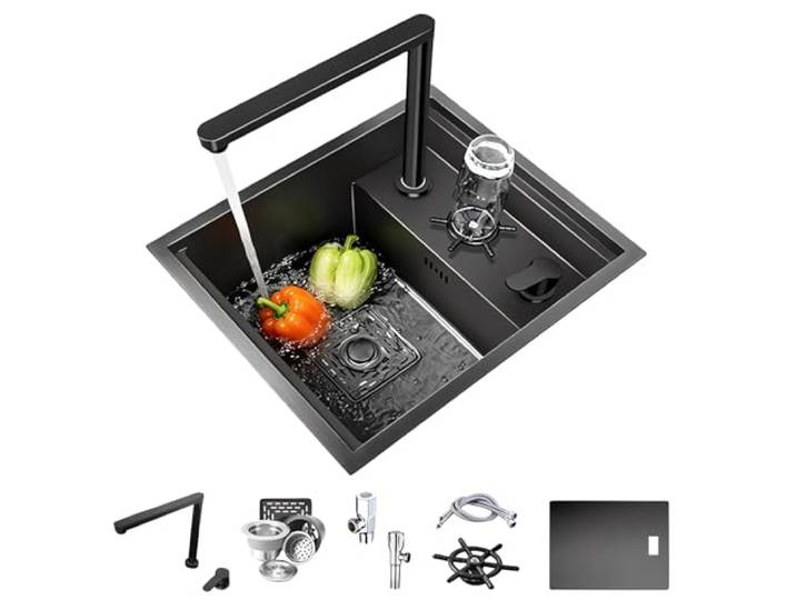 Coubird Schwarze Küchenspüle, Arbeitsplatte/Untertische, unsichtbar, geeignet für Bar, Wohnmobil, Küche, eingebauter faltbarer Wasserhahn, kleine Einzelschüssel, Edelstahl-Camper-Spüle (Schwarz/C, 45